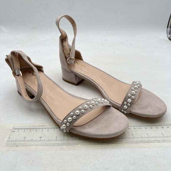 XYD Nude Pearls Open Toe Strappy Low Block Heel Sandal Ankle Strap with Buckle - Picture 4 of 8